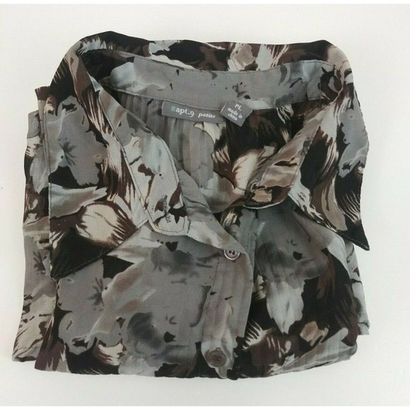 Apt 9 Petite Gray, Brown, & Black Floral Button Up Sheer Silky Blouse Size PL - Picture 5 of 6